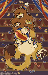 A drawing of a three-headed chimera design of mine. A drawing of a lion-bodied, three-headed creature with a scorpion spade on the end of its tail, and humanoid faces. It is wearing a circus hat, holding a colorful ball, and the background resembles decorative circus patterns and streamers.