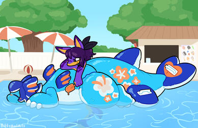 An art fight attack done for user Serafphim A drawing of a pool scene, with a blue pooltoy dragon floating on the water, and a purple anthro shark laying on the pooltoy's back with an orange popsicle in her hand