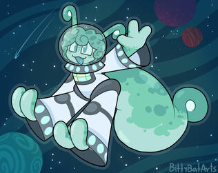 A drawing of a light mint-green alien, wearing a space suit-styled outfit and a space helmet, floating in front of a greenish-blue space background.