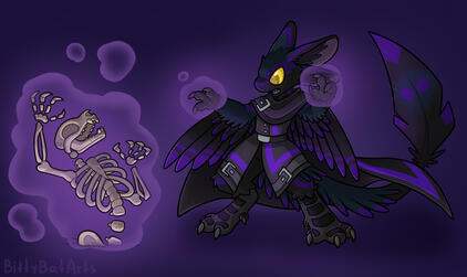 A commission done for bsky user StorytellerWMD A drawing of a deep black and blue avali wearing black and purple clothing, using purple magic to raise an animalian skeleton from the earth.
