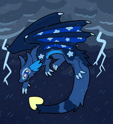 An artfight attack for user Macaws A drawing of a blue furred dragon with starry wings, flying in a thundering night sky
