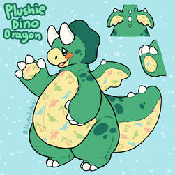 A dino-dragon plush character design. A drawing of a green plush dragon design, with a yellow underbelly made of dinosaur-patterned fabric, and a triceratops-like headcrest and horns
