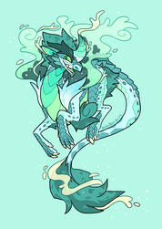 A drawing of a draconic horse-like creature, a Cirrus from Flight Rising. They are primarily light blue and teal, with some pale yellow hilights.