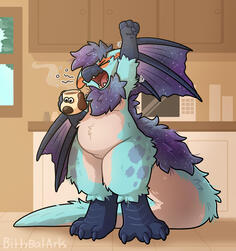 A commission done for Bluesky user Kascuga A drawing of a blue and purple anthropomorphic nargacuga standing in a kitchen, stretching and yawning, holding a gromit mug full of steaming coffee.