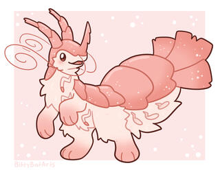 A drawing of a furred, anthropomorphic shrimp-like creature, on a pale pink background.