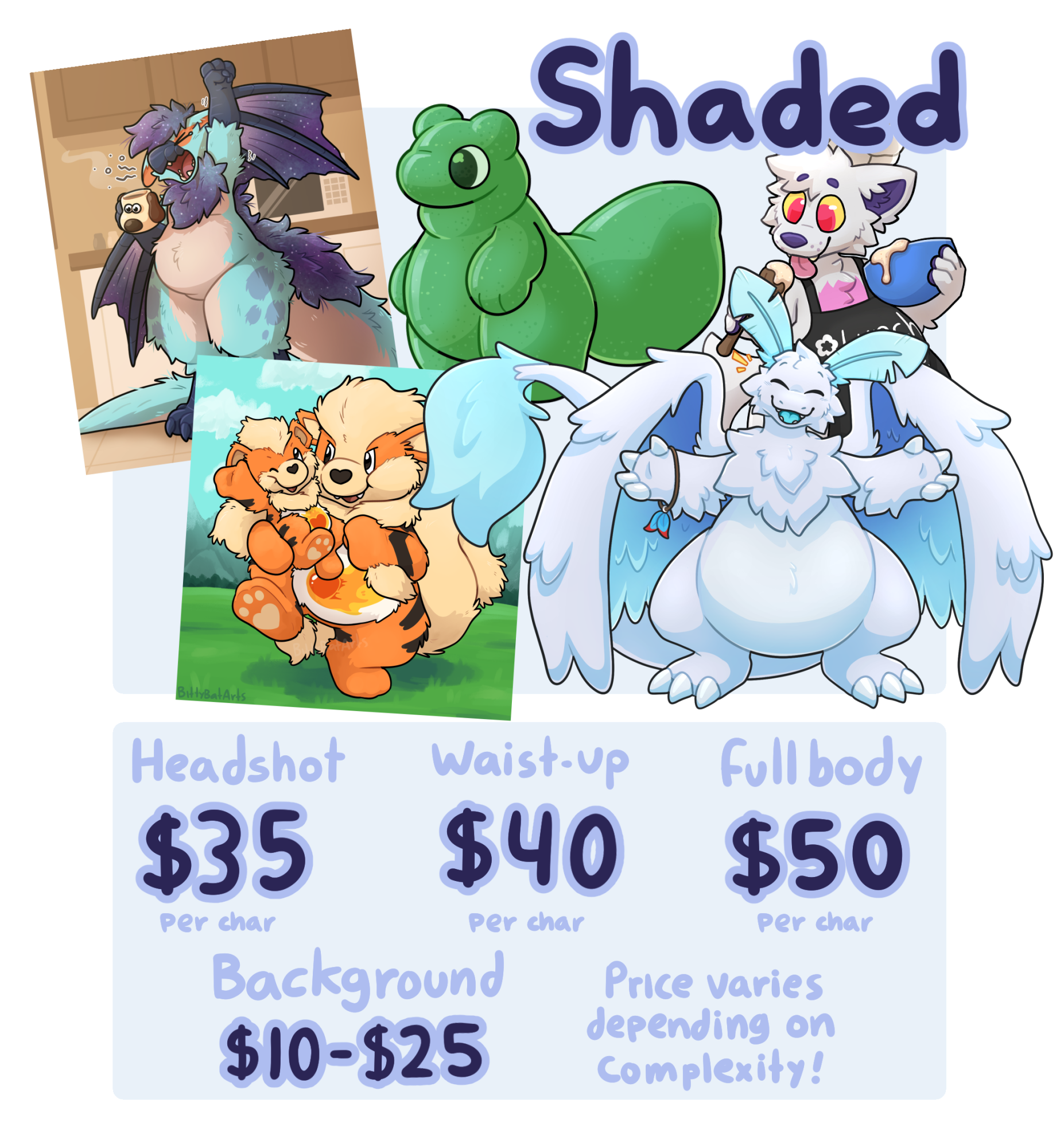 The shaded option. The options are a headshot, for 35 dollars per character, a waist-up, for 40 dollars per character, and a fullbody, for 50 dollars per character. A background can be added for 10 to 25 dollars.
