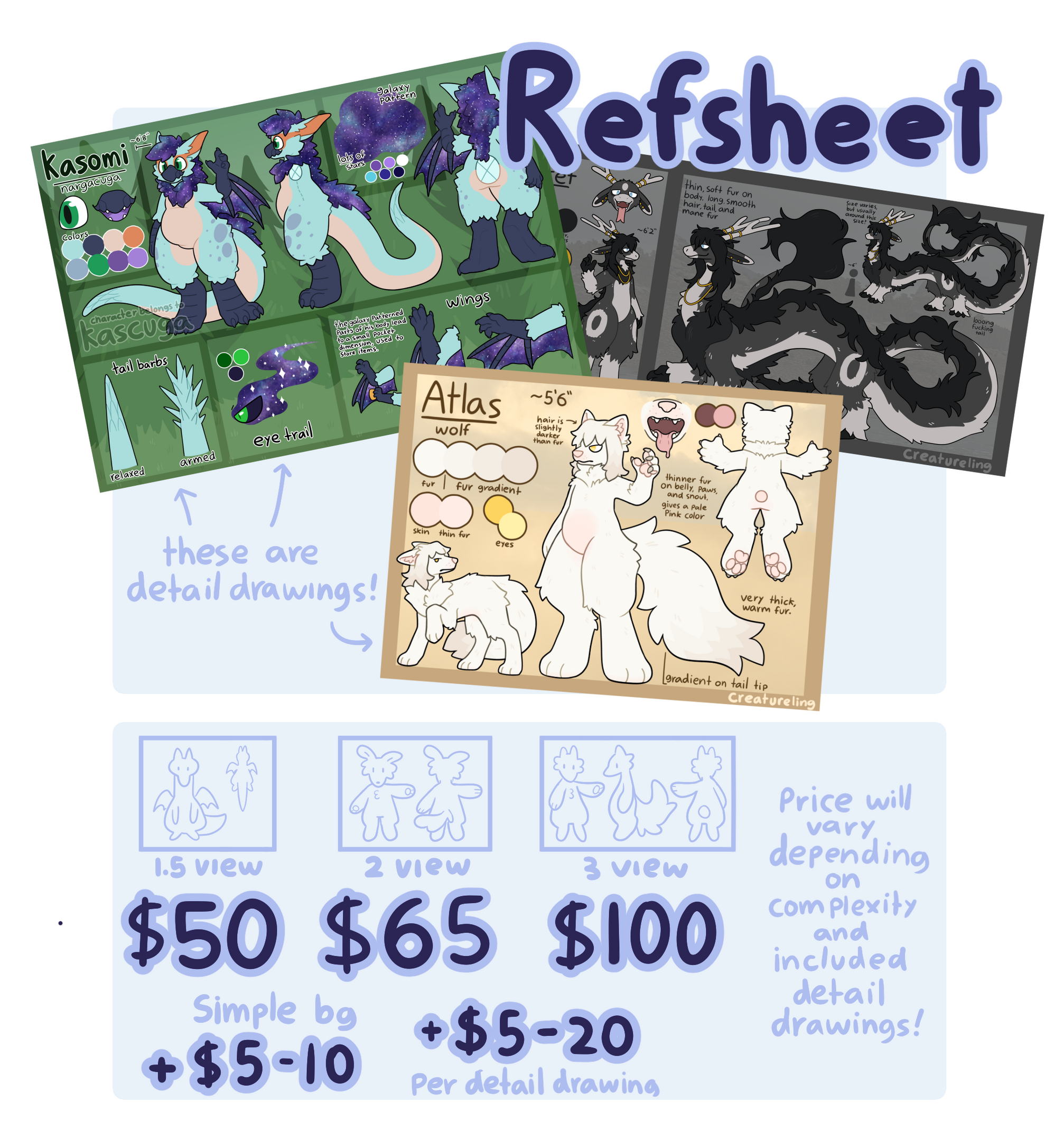 The refsheet option, with three options. A 1.5 view, a full view with a small view for additional detail, for 50 dollars, 2 views, for 65 dollars, and 3 views, for 100 dollars. An illustrated background can be added for 5 to 10 dollars